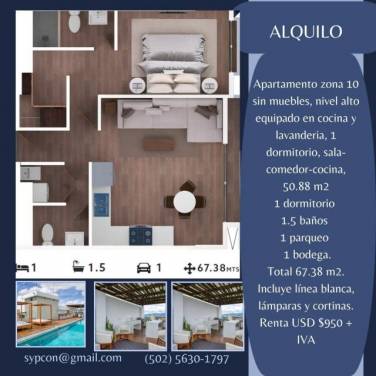 Apartamento zona 10 sin muebles de 51m2 - Image 1