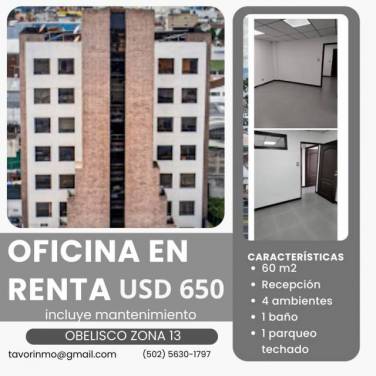 Oficina en renta en nivel alto zona 13 cercano al Obelisco